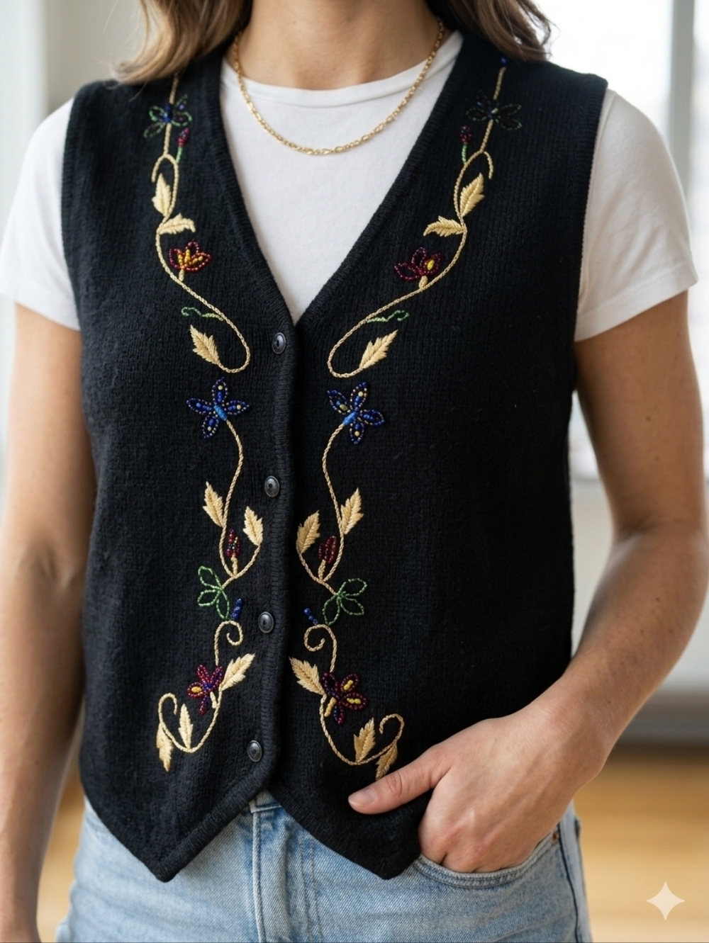 Vintage Leslie Fay Sweater Black Vest Size Large Sequin Floral Embroidered